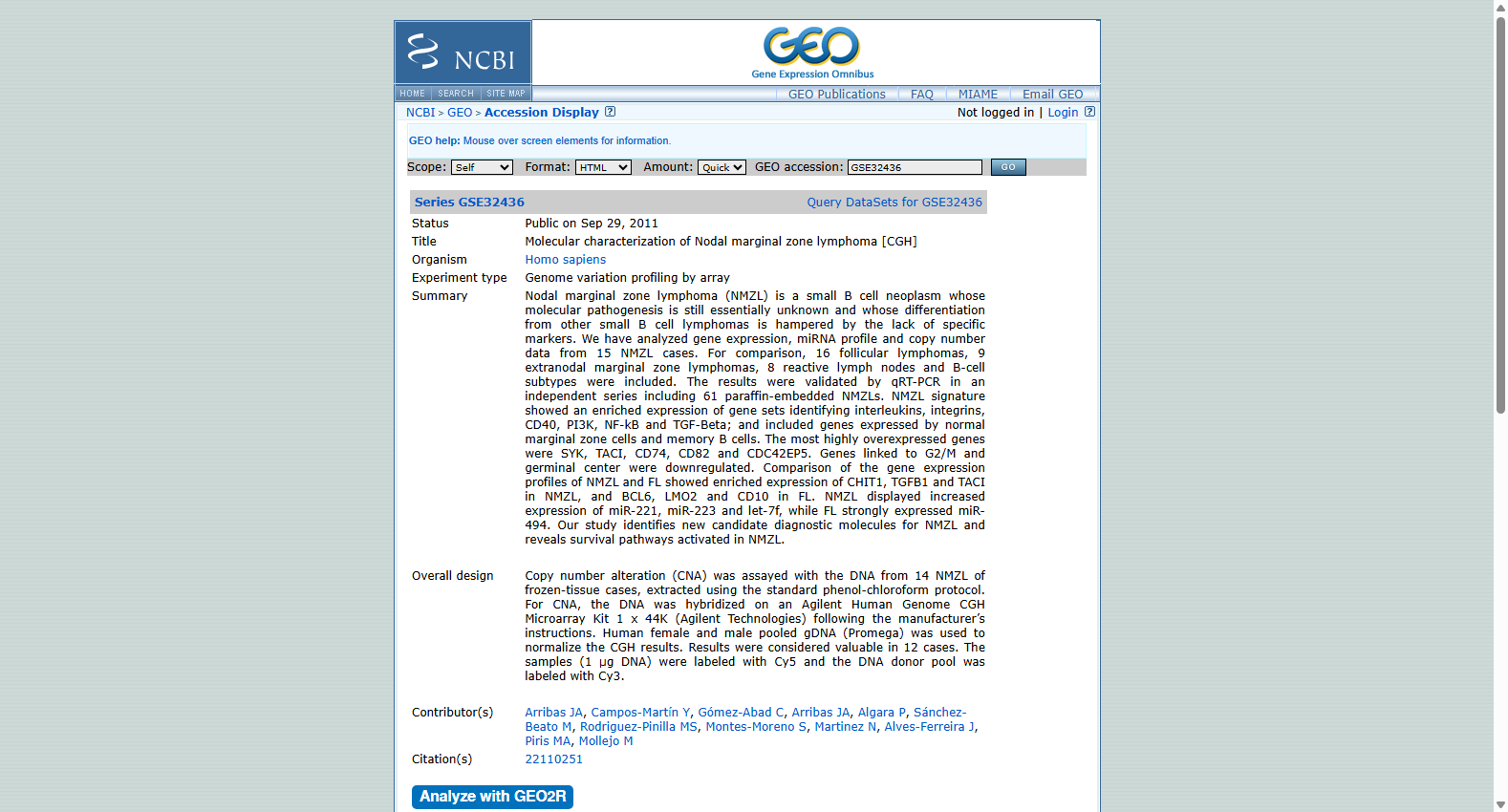 GSE32436 Molecular characterization of Nodal marginal zone lymphoma CGH