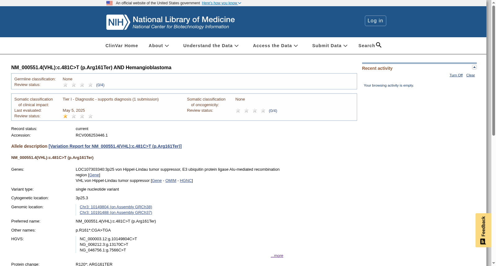 VHL Hemangioblastoma ClinVar Record