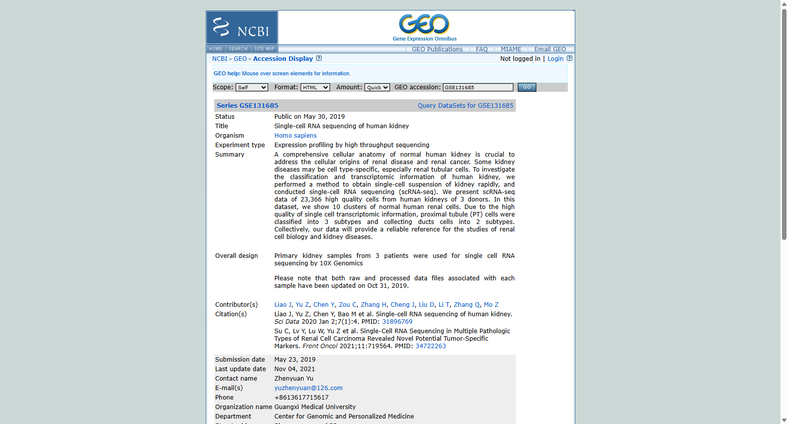 GSE131685 Human Kidney Single-Cell RNA-Seq Dataset