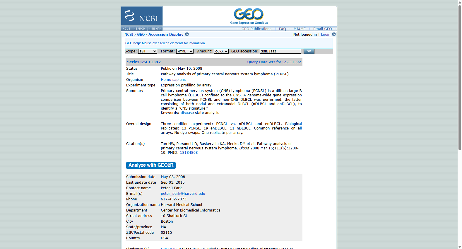 GSE11392 Pathway analysis of primary central nervous system lymphoma
