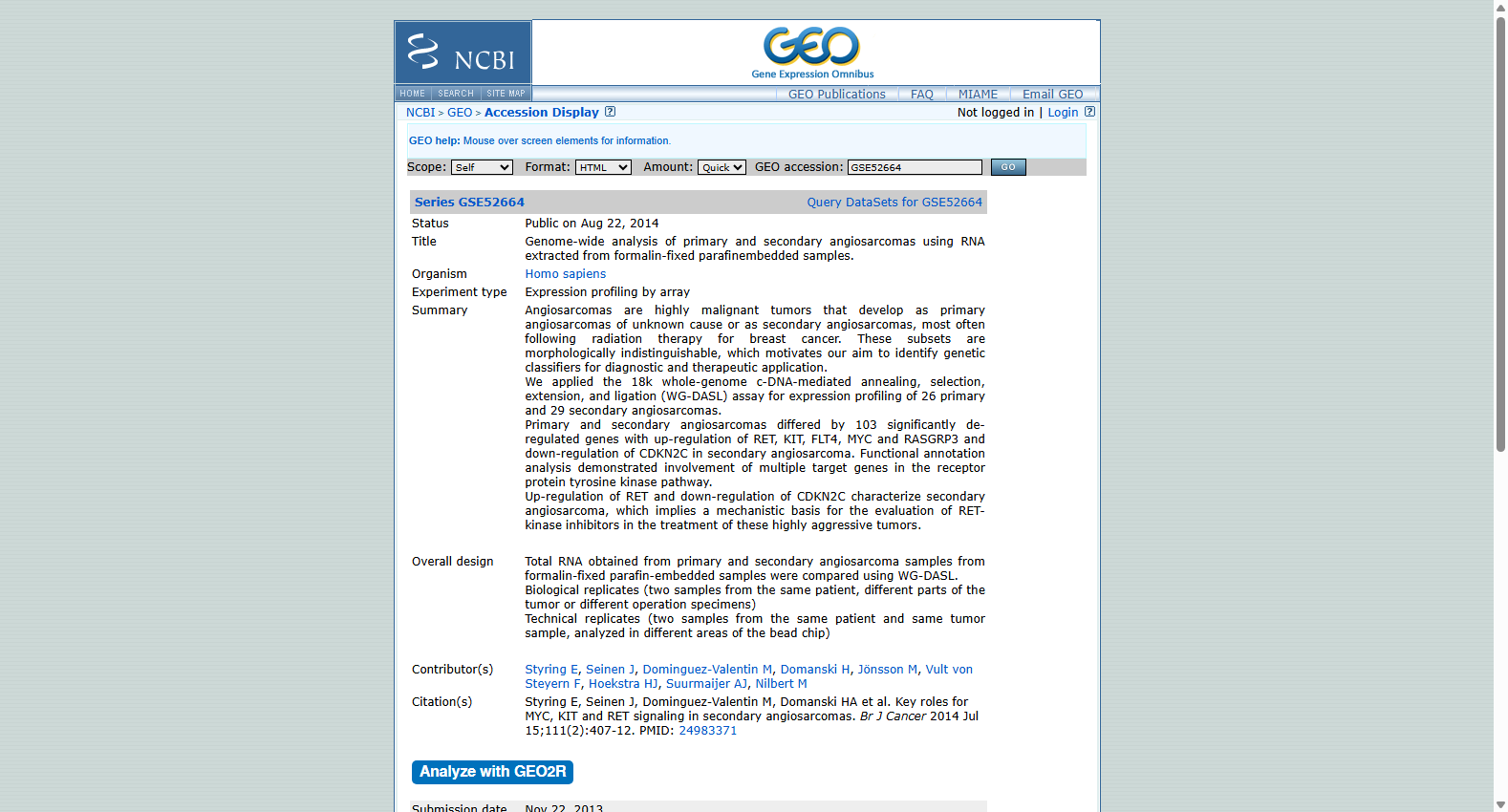 GSE52664 Genome-wide analysis of primary and secondary angiosarcomas