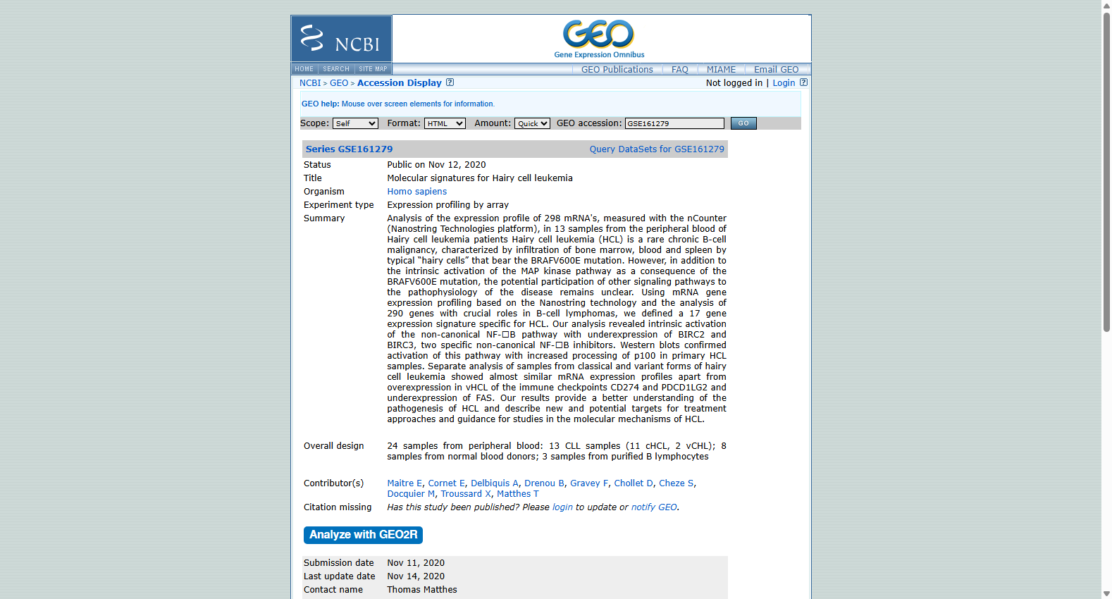 GSE161279 Molecular signatures for Hairy cell leukemia