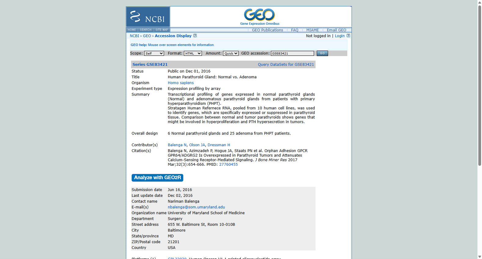 Human Parathyroid Gland Normal vs Adenoma GSE83421