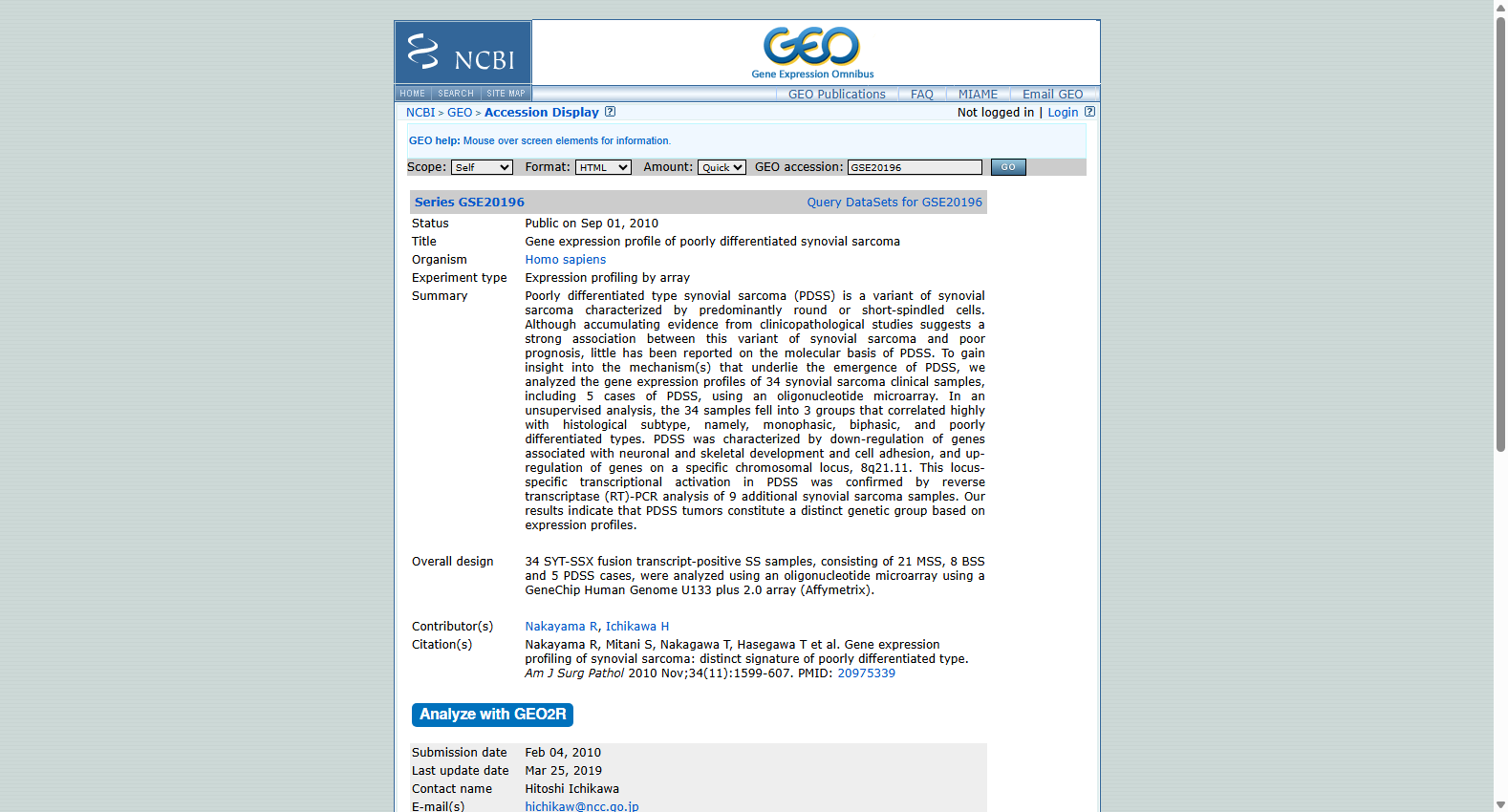 GSE20196 Gene expression profile of poorly differentiated synovial sarcoma