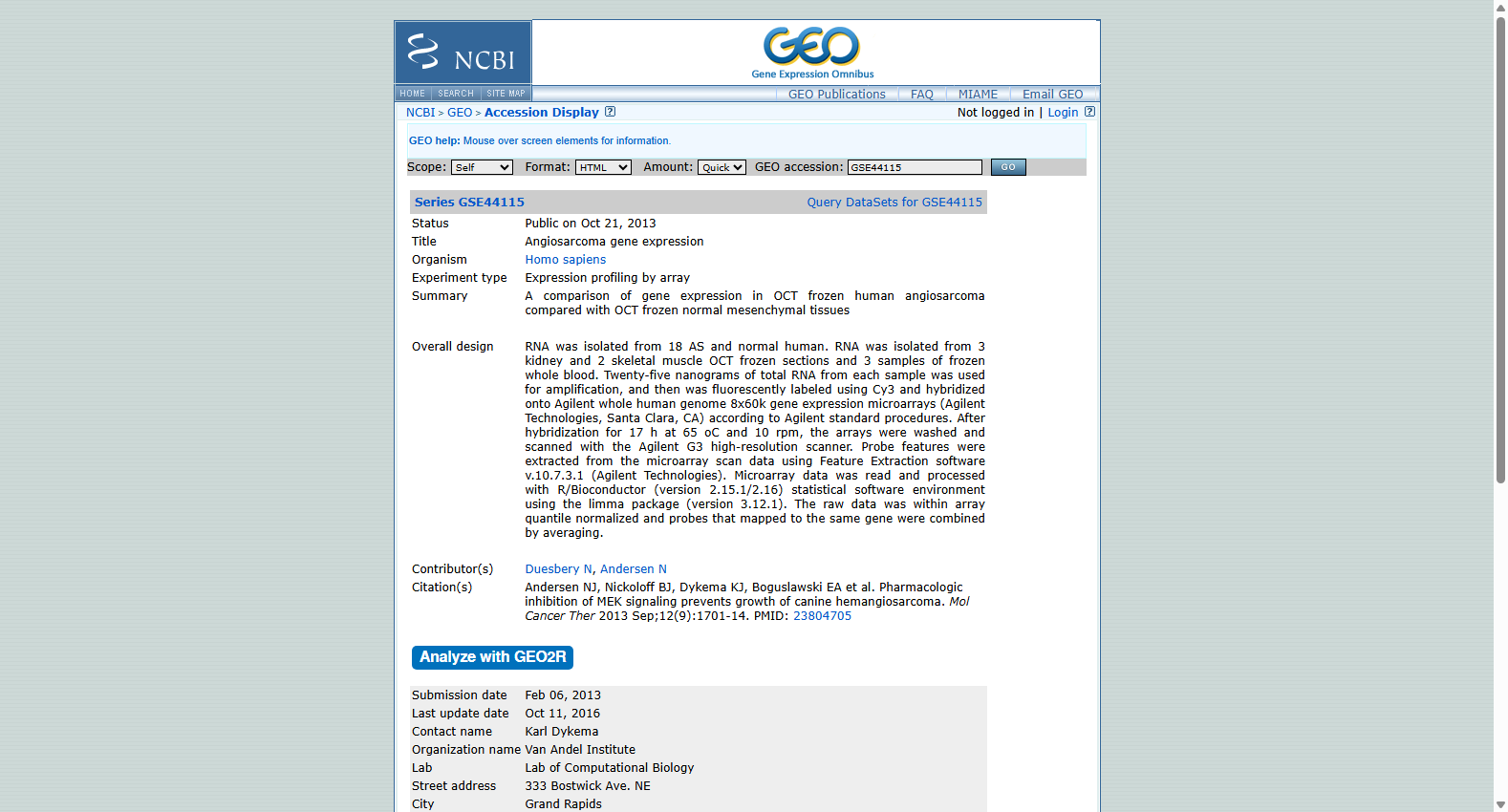 GSE44115 Angiosarcoma gene expression