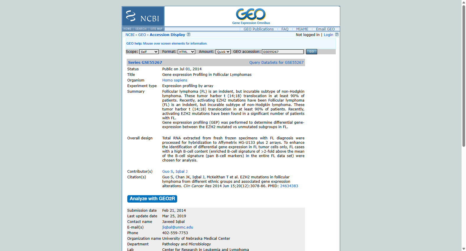 GSE55267 Follicular Lymphoma EZH2 Expression Dataset