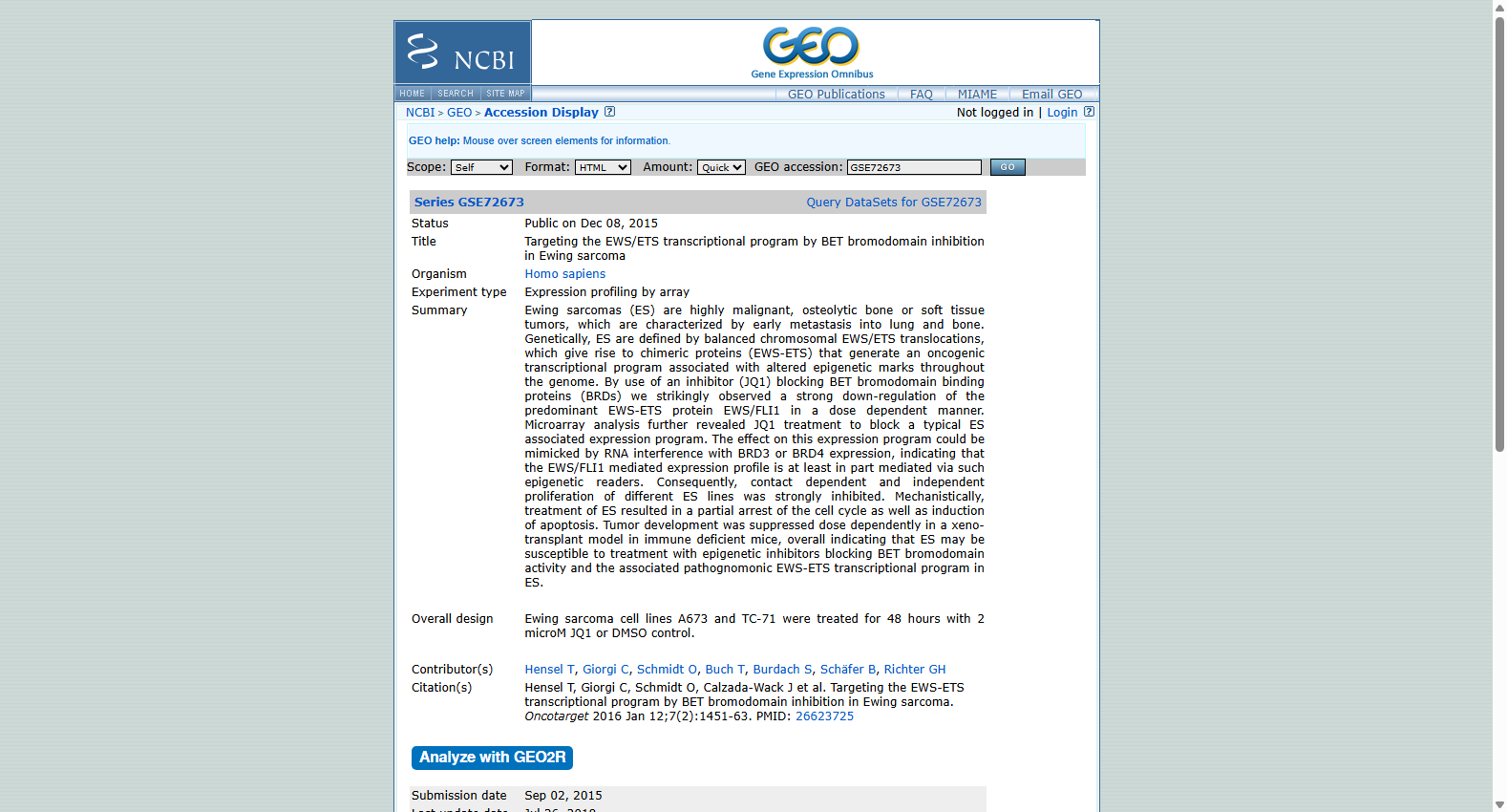 GSE72673 BET Inhibition in Ewing Sarcoma Dataset