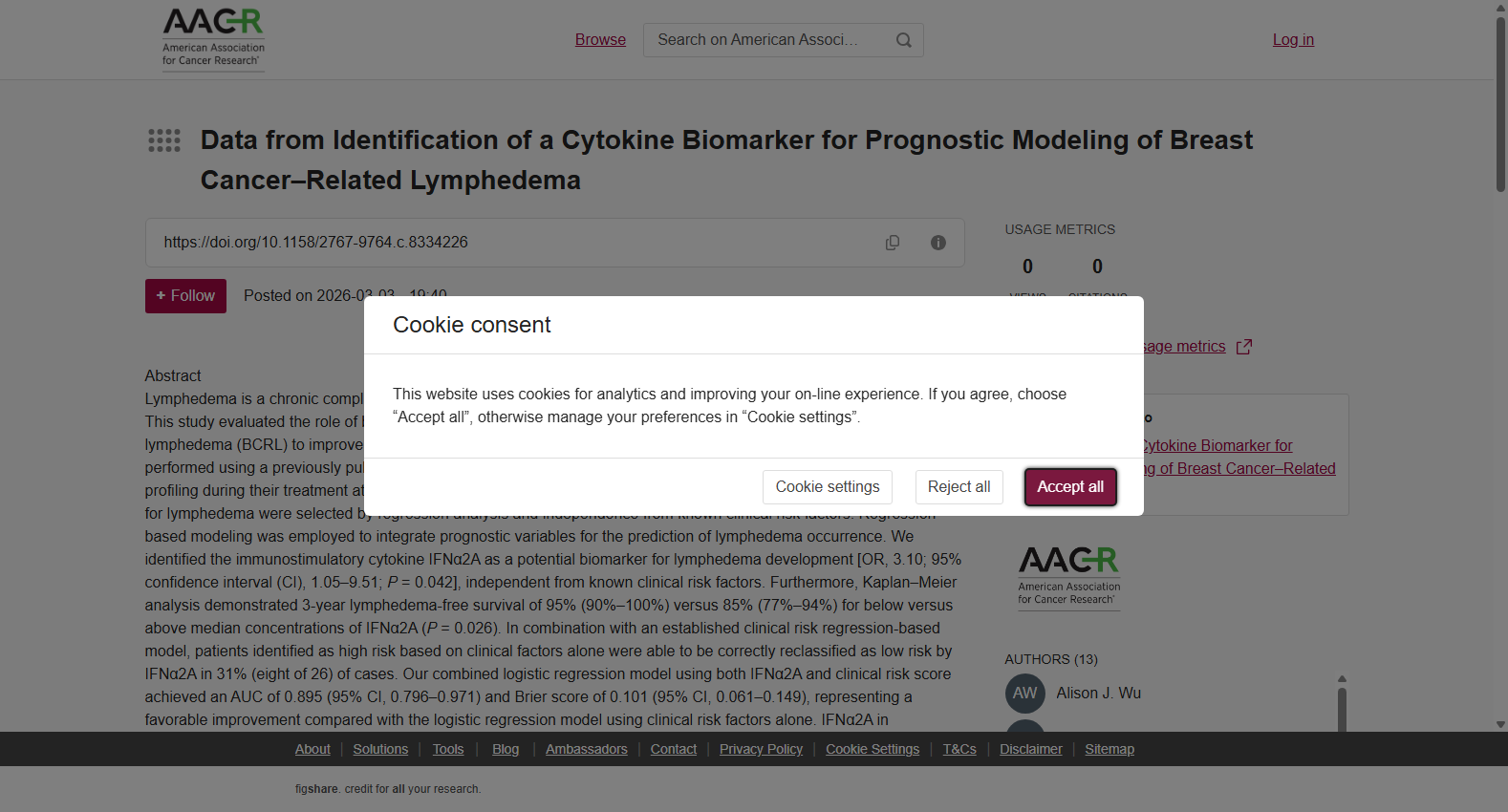 Data from Identification of a Cytokine Biomarker for Prognostic Modeling of Breast Cancer-Related Lymphedema