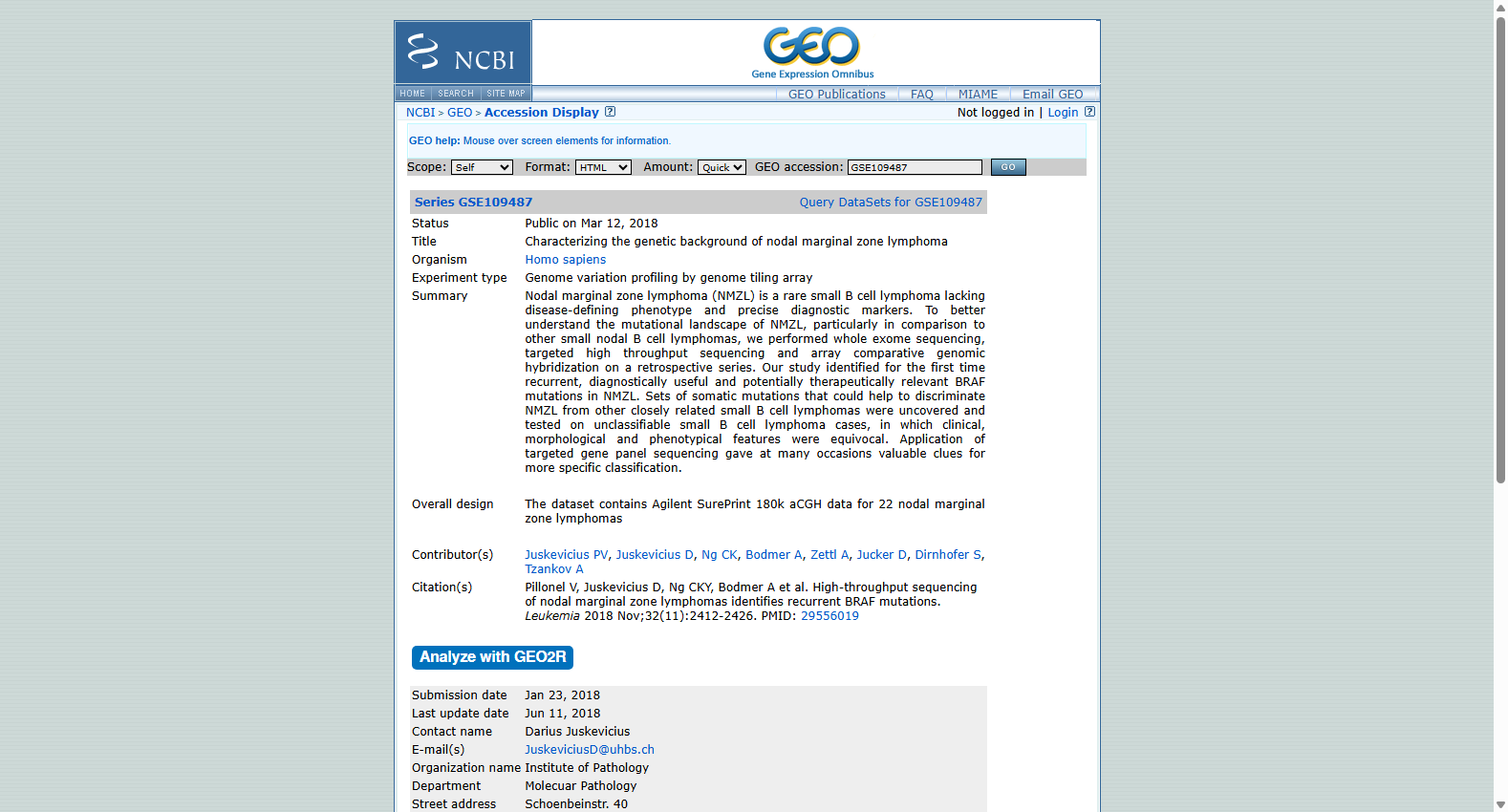 GSE109487 Characterizing the genetic background of nodal marginal zone lymphoma