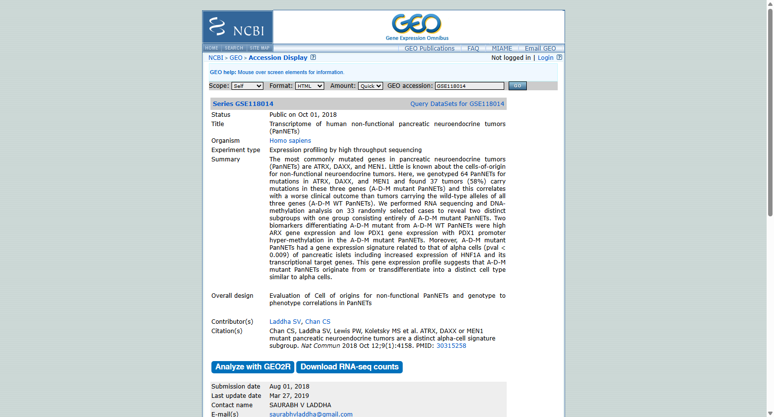 GSE118014 Transcriptome of Human Non-functional PanNETs