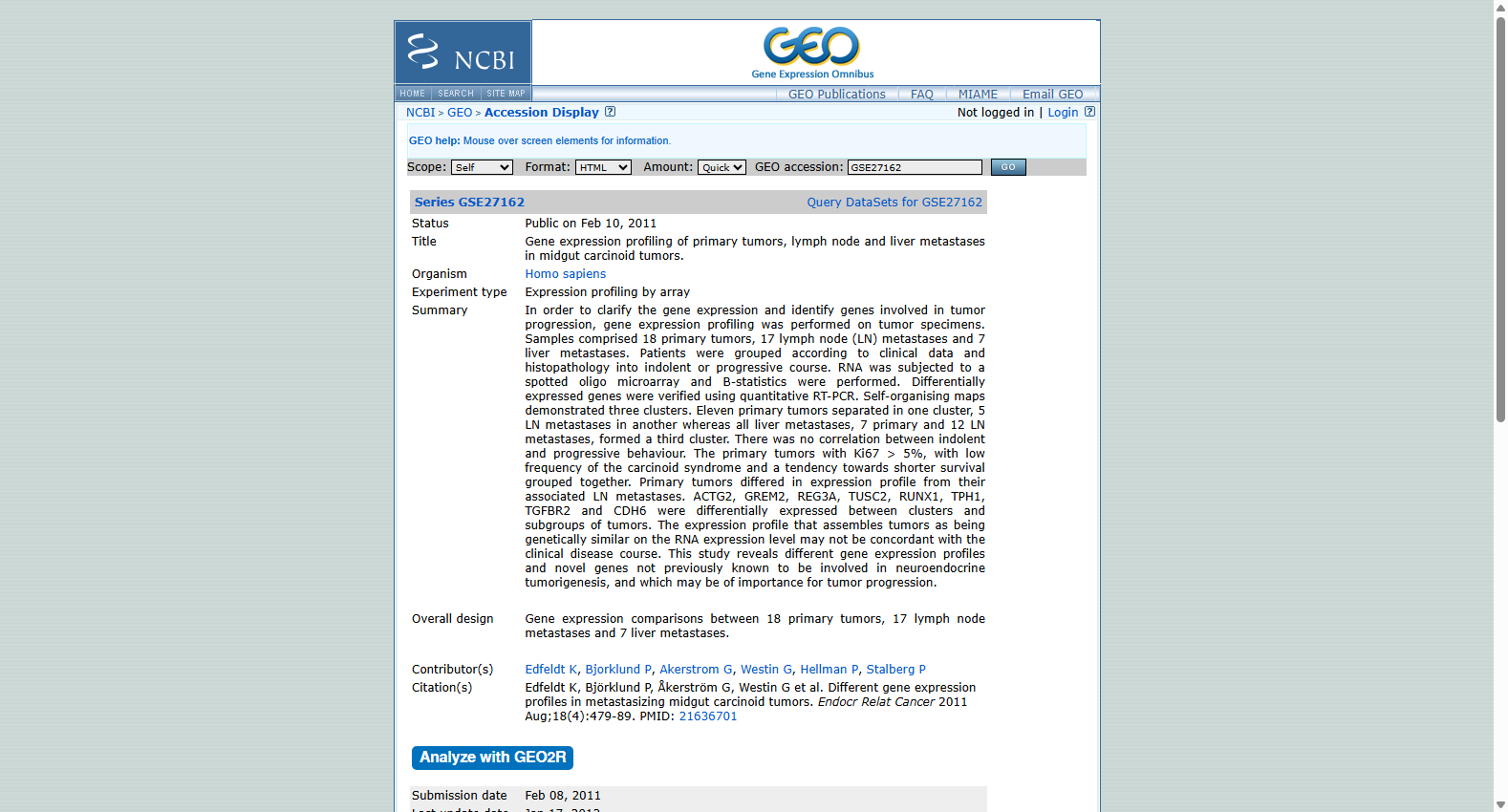 GSE27162 Midgut carcinoid tumor expression