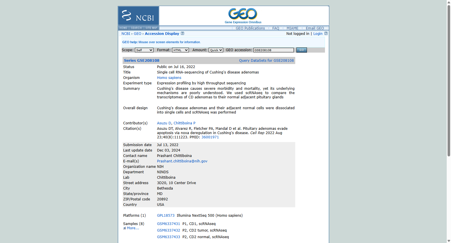 GSE208108 Cushing disease adenoma scRNA-seq