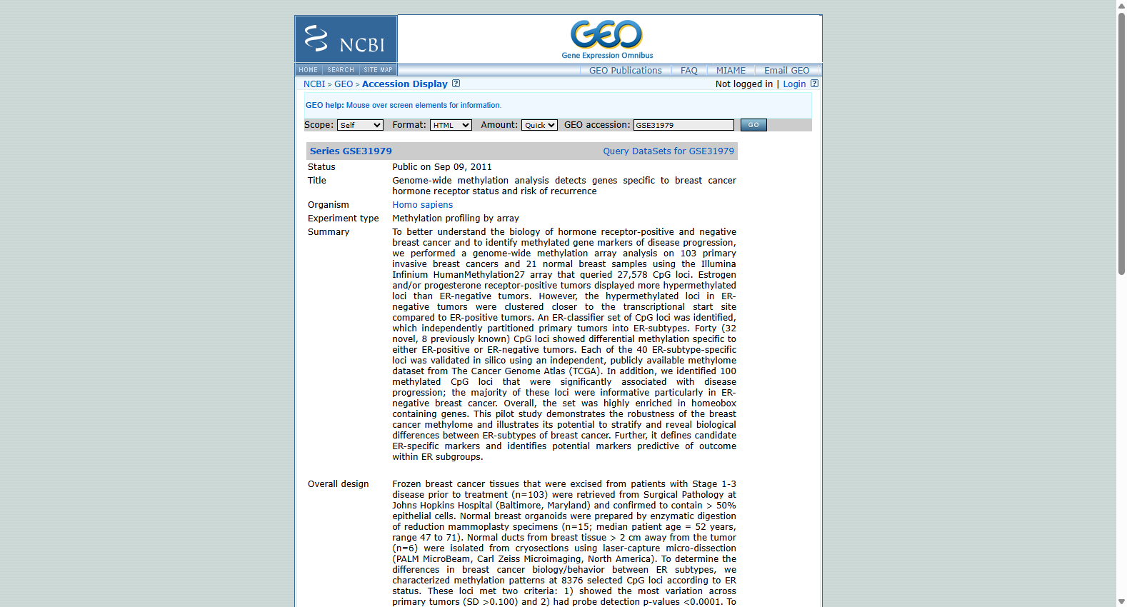 GSE31979 Breast Cancer Recurrence Risk Methylation Dataset