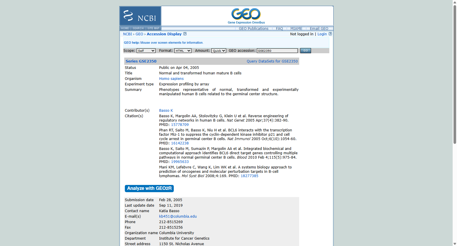 GSE2350 Normal and transformed human mature B cells