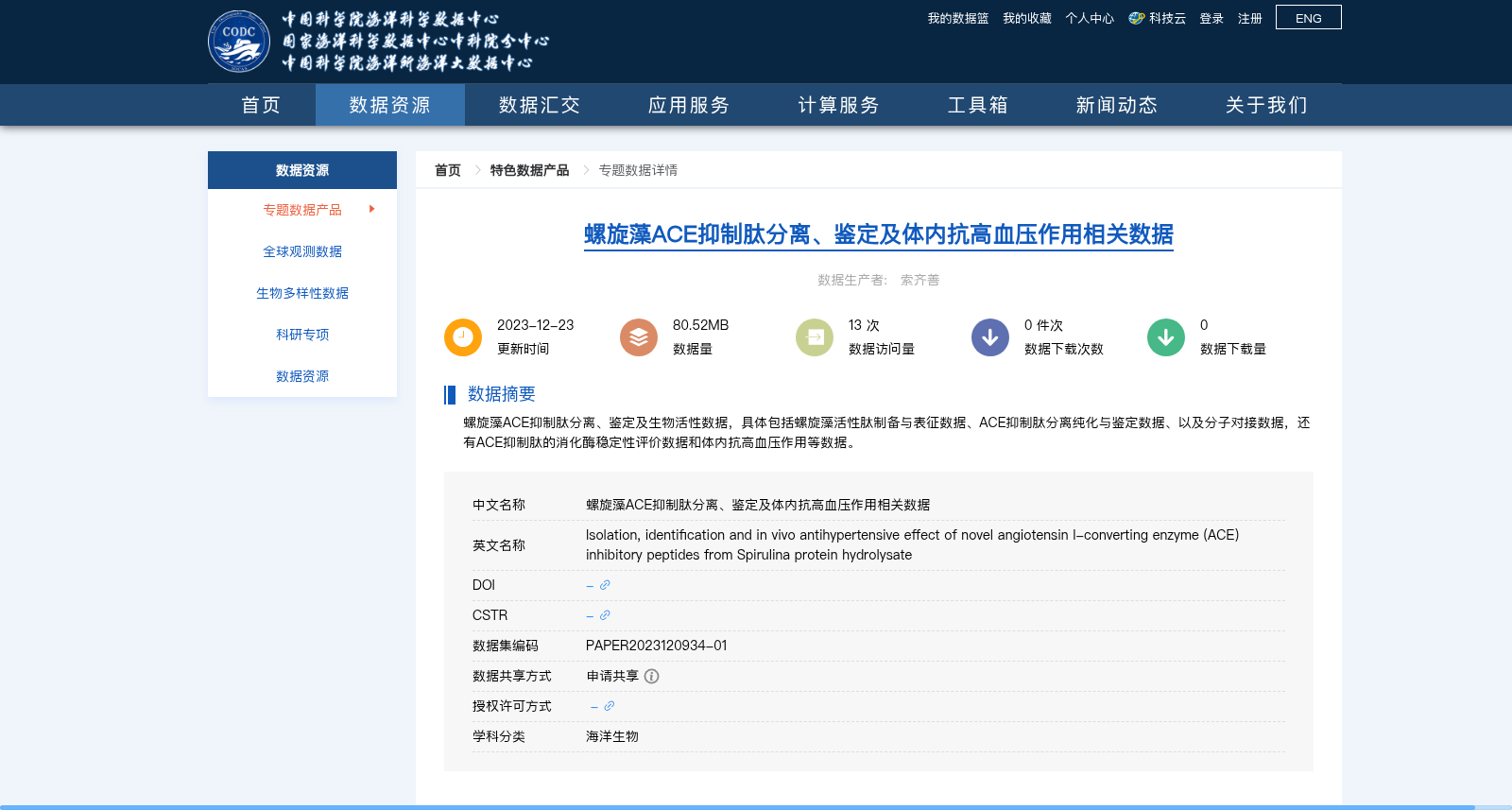 螺旋藻ACE抑制肽分离、鉴定及体内抗高血压作用相关数据