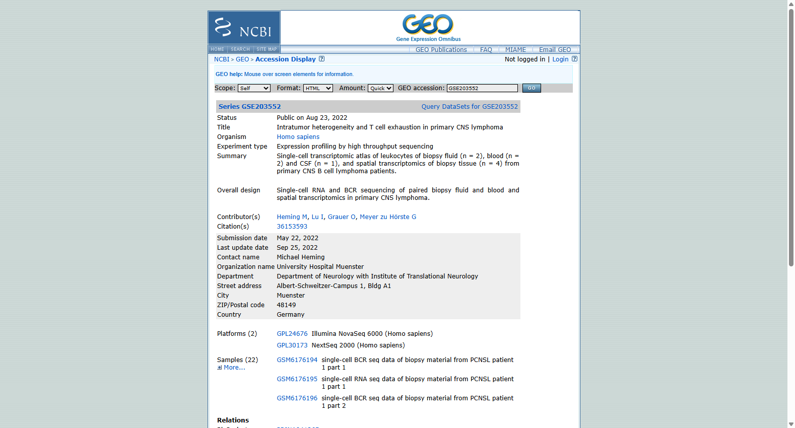 GSE203552 Intratumor heterogeneity and T cell exhaustion in primary CNS lymphoma