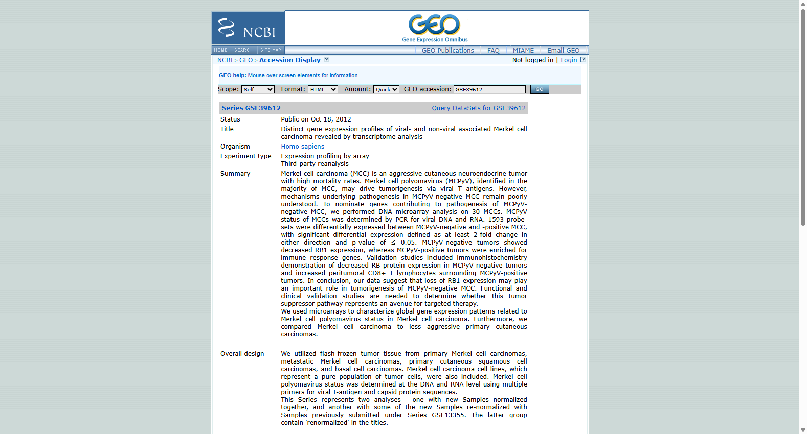 GSE39612: Gene expression profile of Merkel cell carcinoma