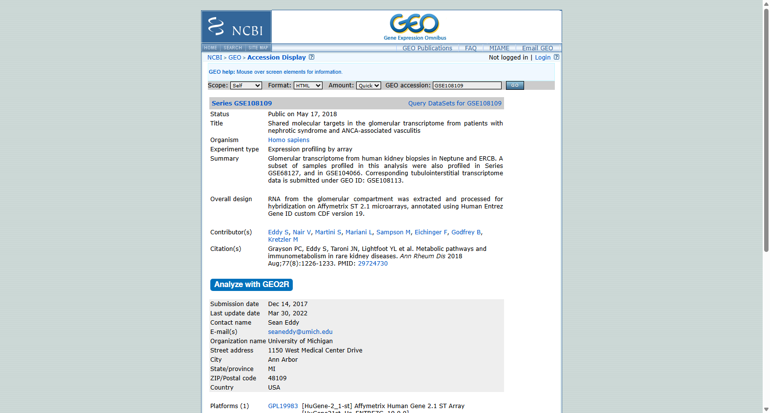 GSE108109 ANCA血管炎肾组织表达谱