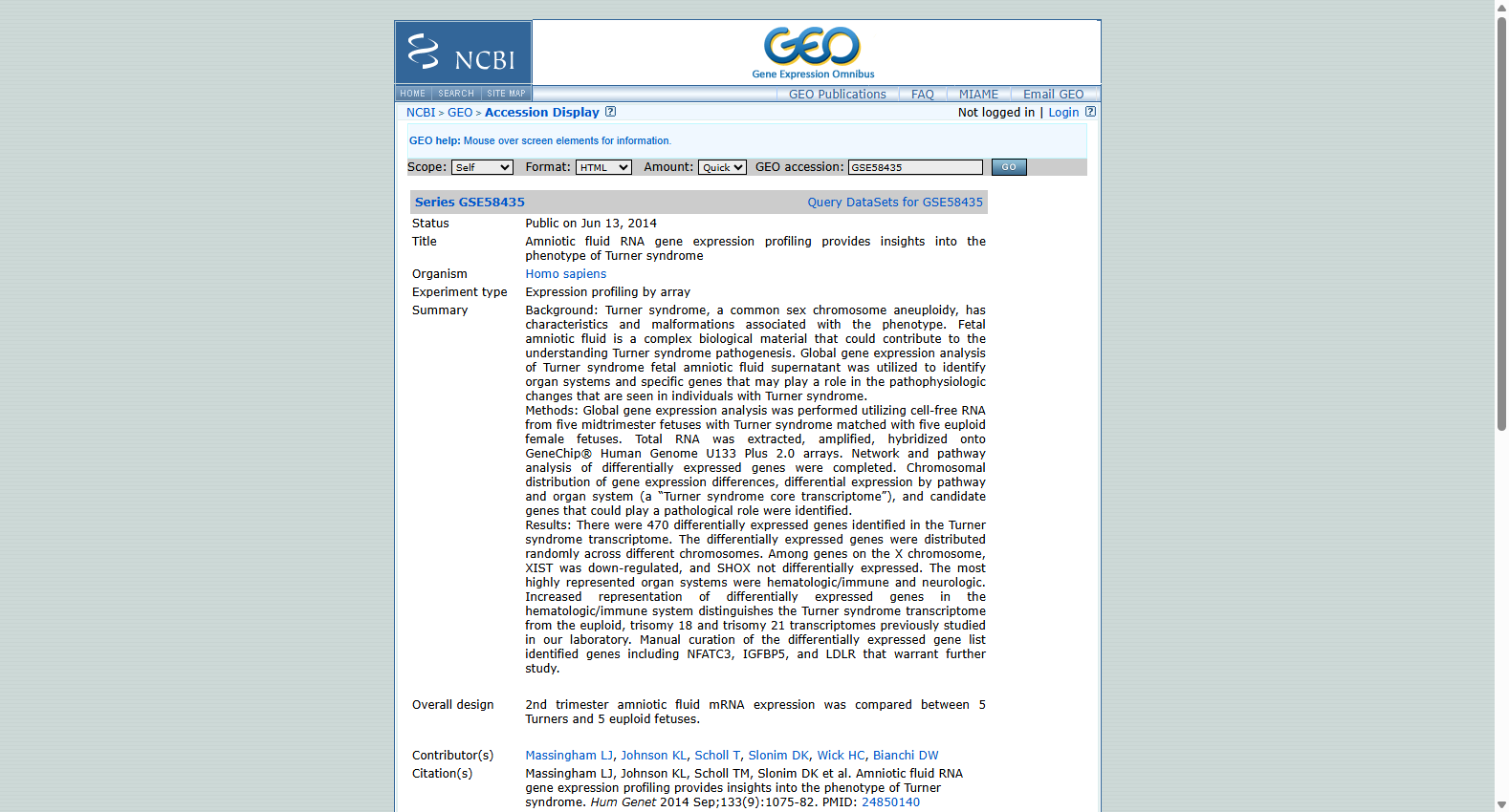 Turner syndrome expression dataset GSE58435