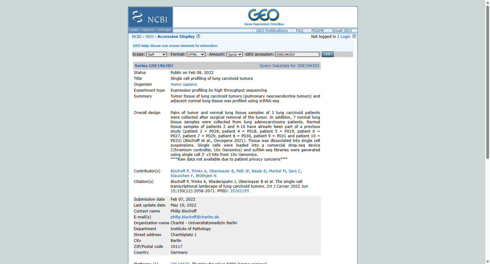 GSE196303 Lung carcinoid scRNA-seq