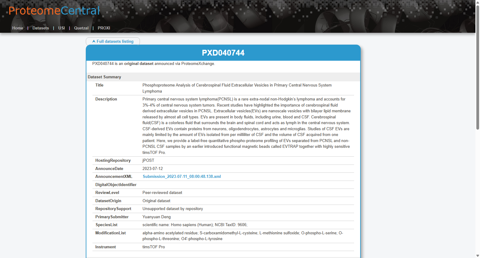 PXD040744 Phosphoproteome Analysis of CSF Extracellular Vesicles in PCNSL