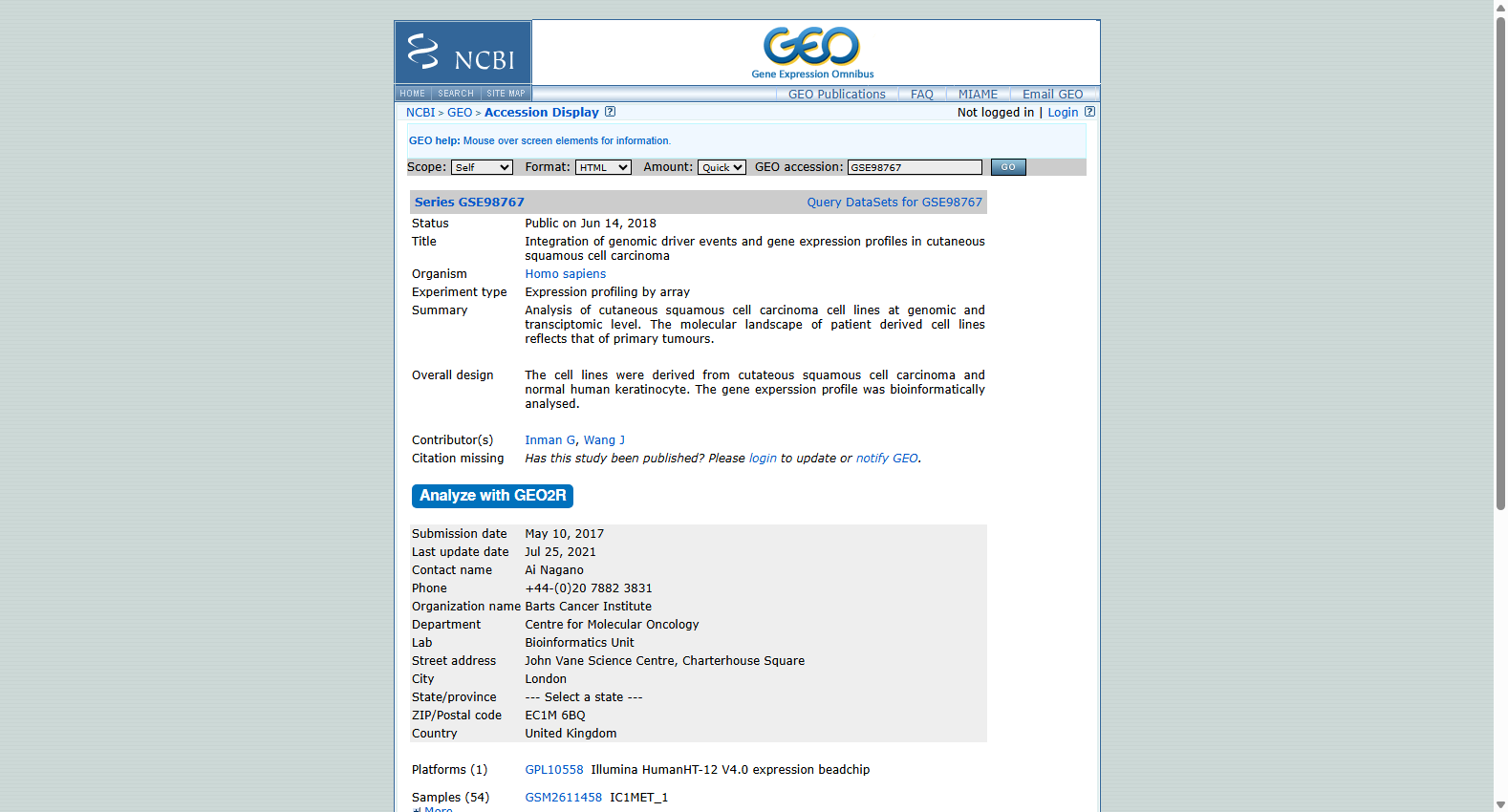 GSE98767 Integration of Genomic Driver Events and Gene Expression Profiles in Cutaneous Squamous Cell Carcinoma
