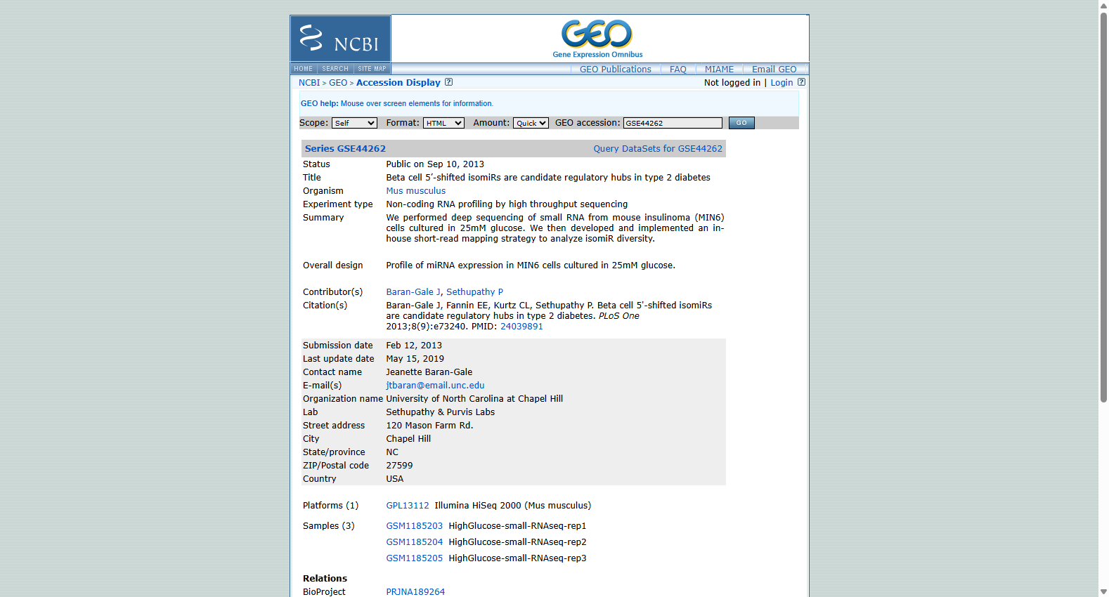 GSE44262 Beta cell 5'-shifted isomiRs dataset