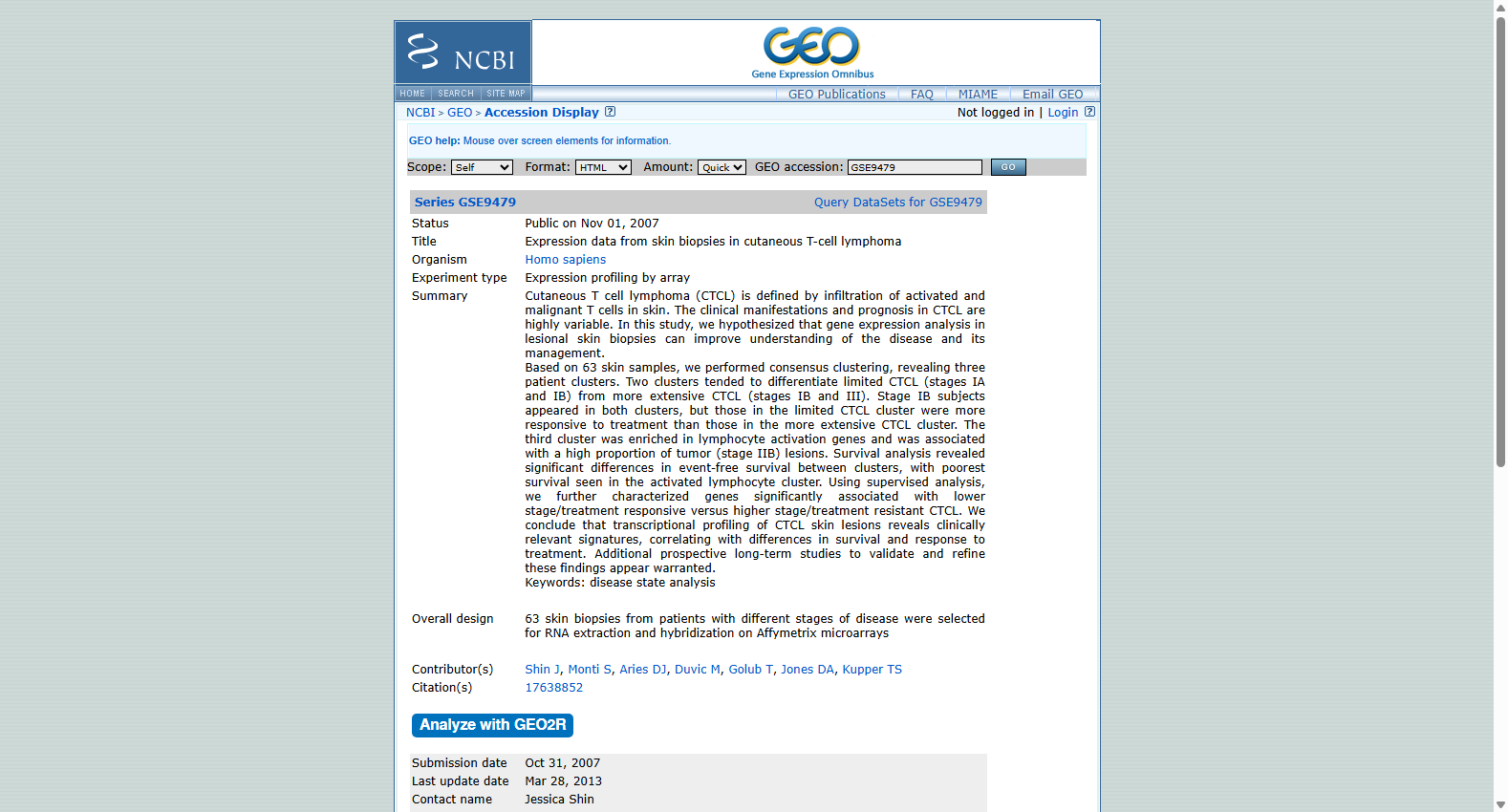 GSE9479 Expression data from skin biopsies in cutaneous T-cell lymphoma