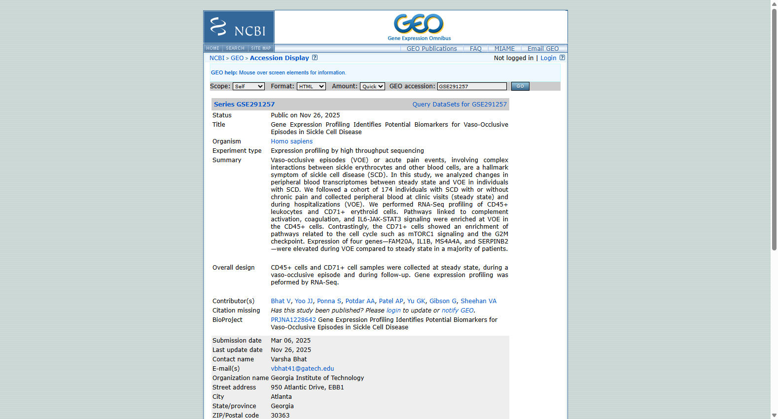 GSE291257 Sickle Cell Disease Pain Event Transcriptome Dataset