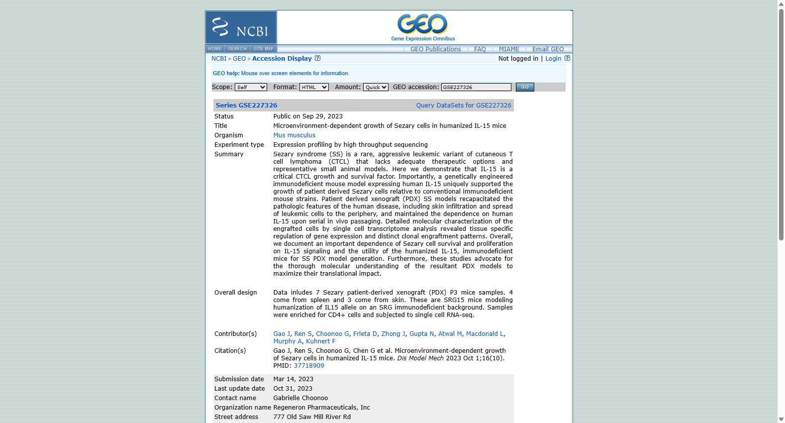 GSE227326 Microenvironment-dependent growth of Sezary cells in humanized IL-15 mice
