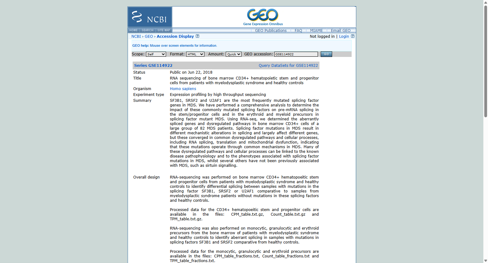 Gene expression profiling of bone marrow mononuclear cells in MDS (GSE114922)