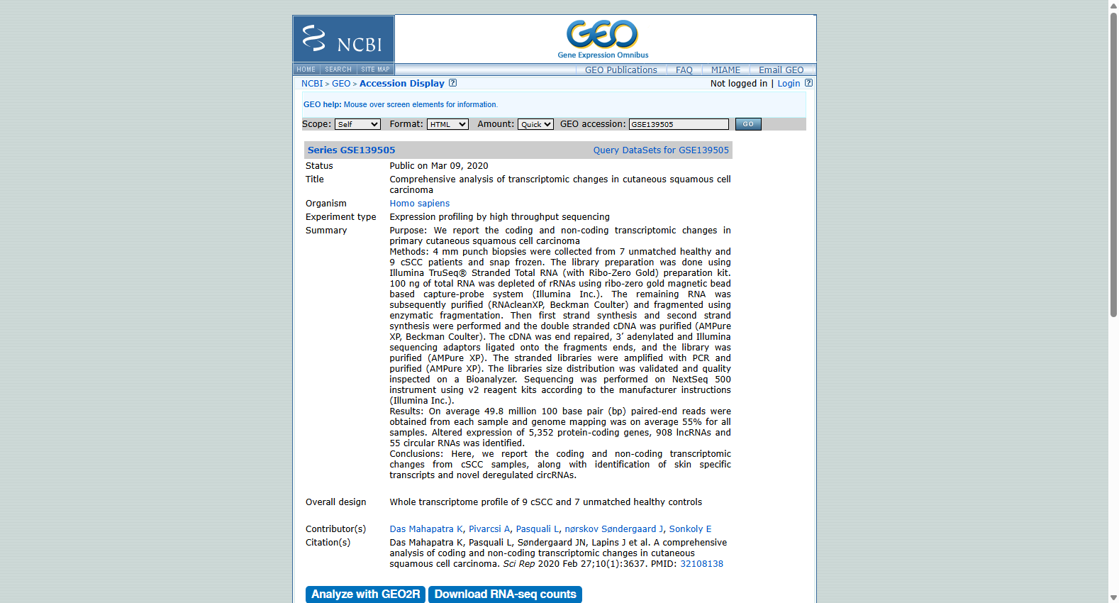 GSE139505 Comprehensive Analysis of Transcriptomic Changes in Cutaneous Squamous Cell Carcinoma