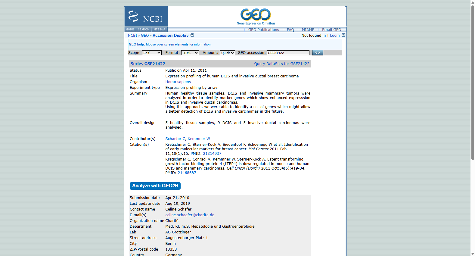 GSE21422 Human DCIS and Invasive Ductal Breast Carcinoma