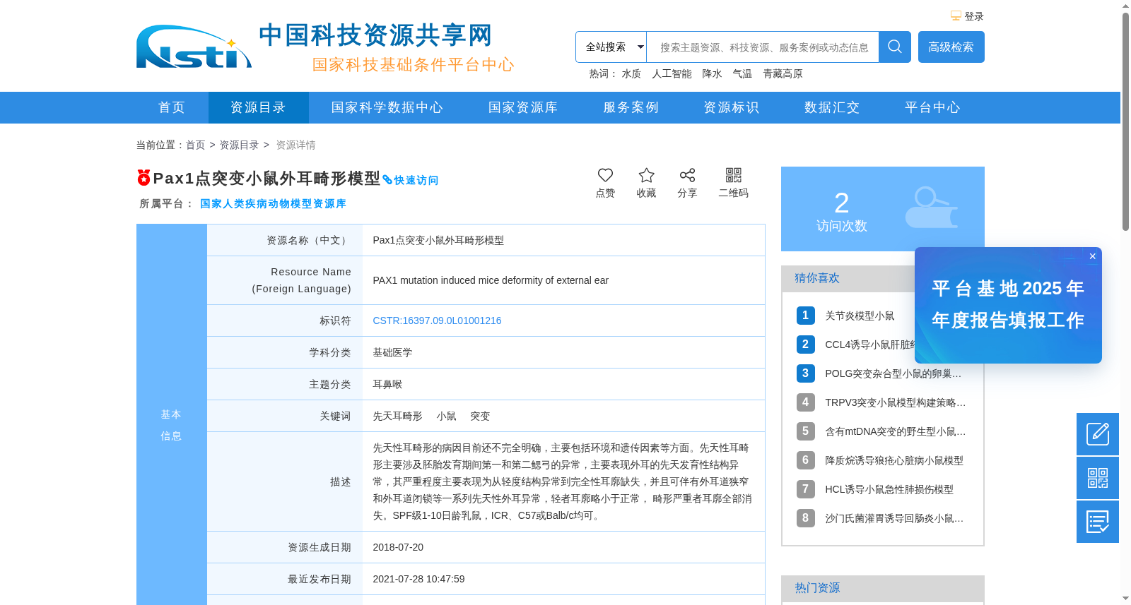 Pax1点突变小鼠外耳畸形模型