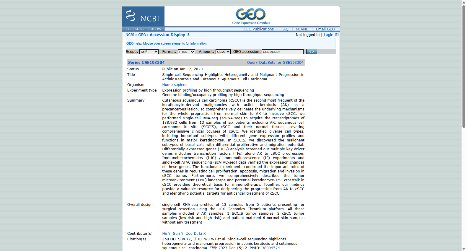 GSE193304 Single-cell Sequencing of Actinic Keratosis and Cutaneous Squamous Cell Carcinoma