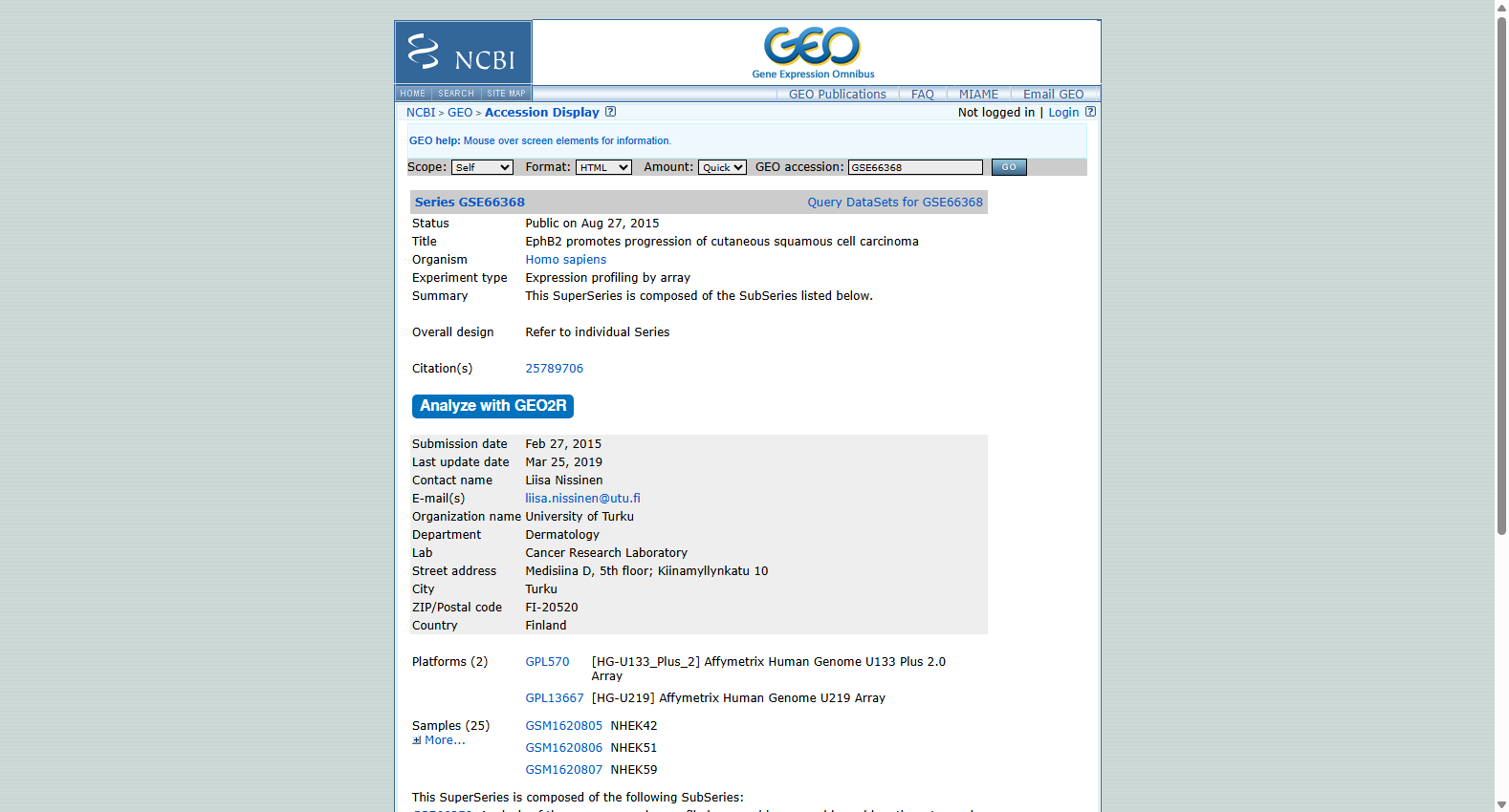 GSE66368 EphB2 Promotes Progression of Cutaneous Squamous Cell Carcinoma