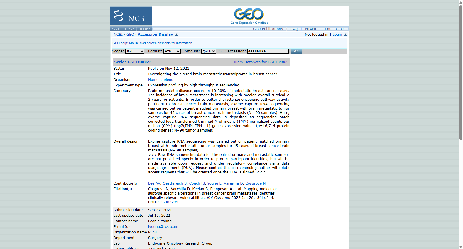 GSE184869 Breast Cancer Brain Metastasis Transcriptome