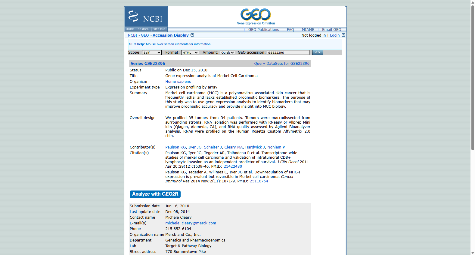 GSE22396: MCPyV positive vs negative Merkel cell carcinoma
