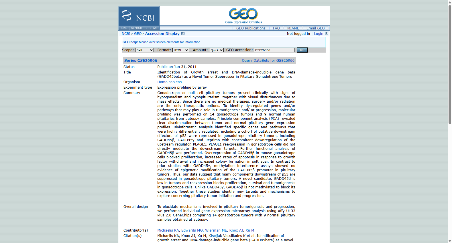 Prolactinoma expression profile GSE26966