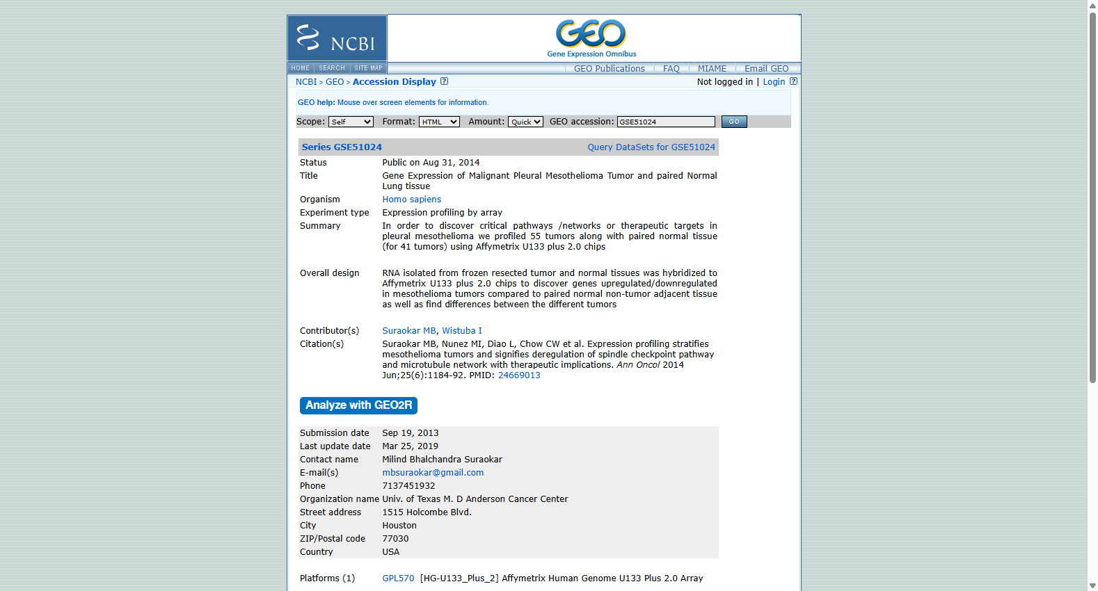 GEO Malignant Pleural Mesothelioma Expression Dataset (GSE51024)
