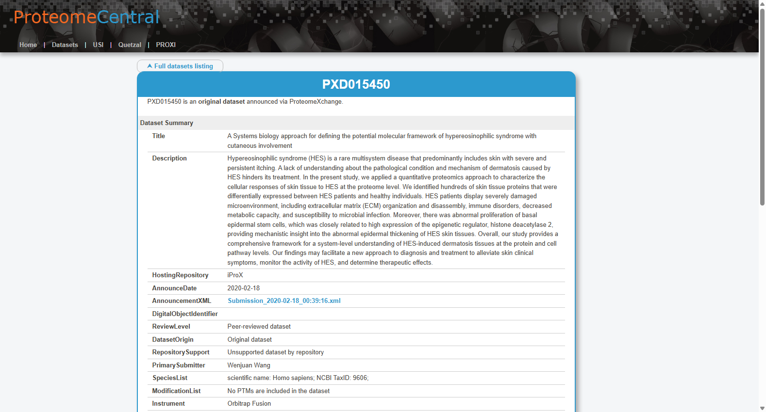ProteomeXchange Dataset PXD015450: A Systems biology approach for defining the potential molecular framework of idiopathic hypereosinophilic syndrome with cutaneous involvement