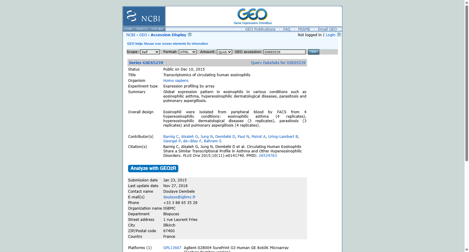 Transcriptomics of circulating human eosinophils (GSE65239)