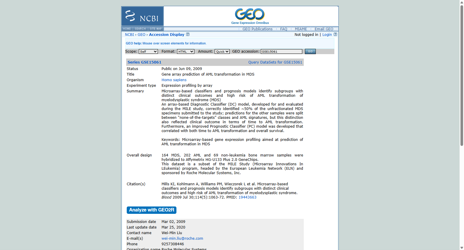 Transcriptome analysis of CD34+ cells from MDS and AML patients (GSE15061)