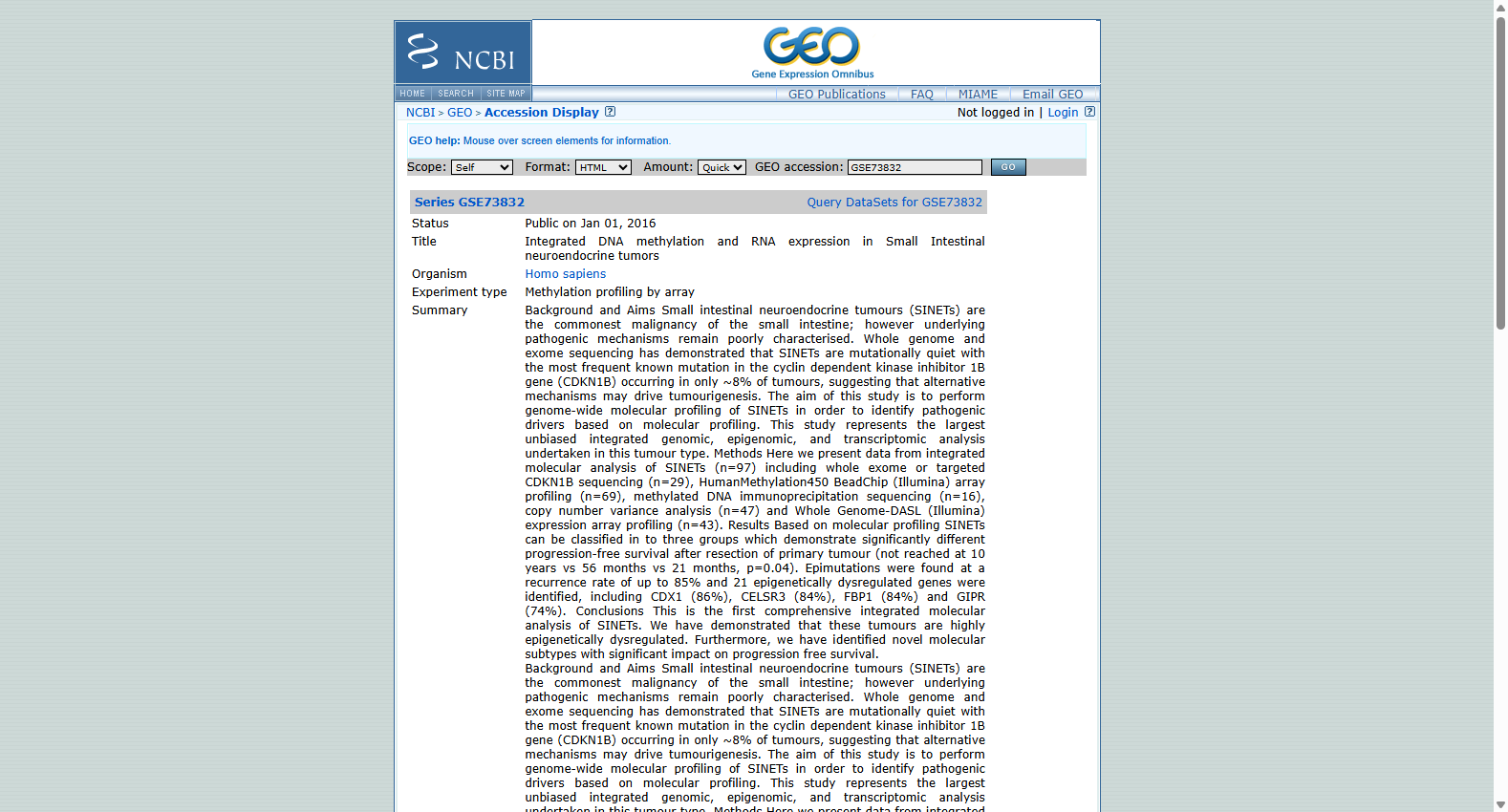 GSE73832 Small intestinal NET methylation and RNA expression