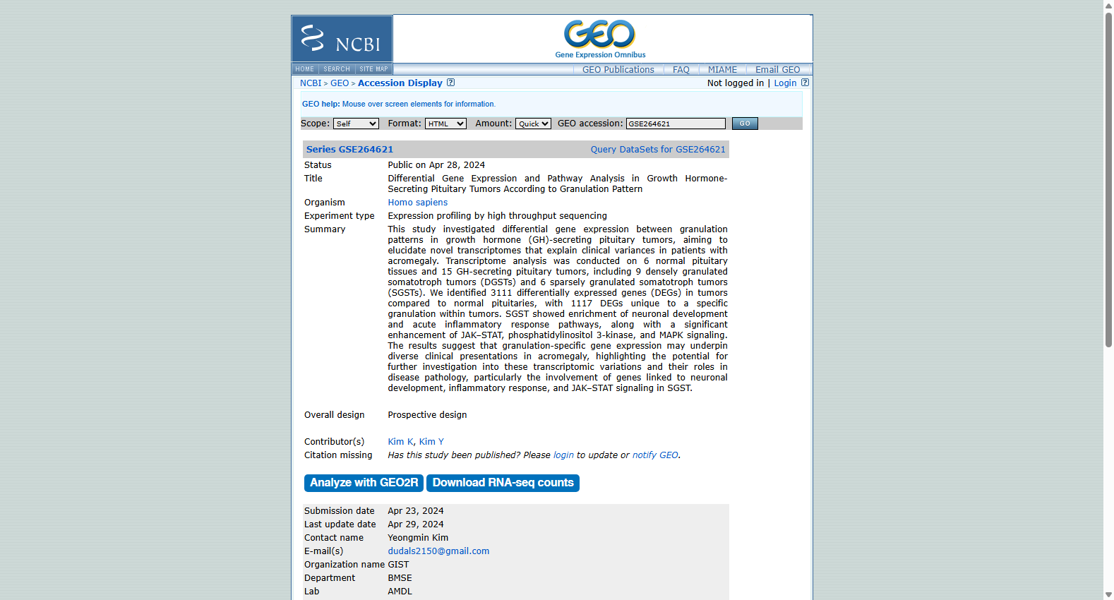 GSE264621 GH-secreting pituitary tumor transcriptome