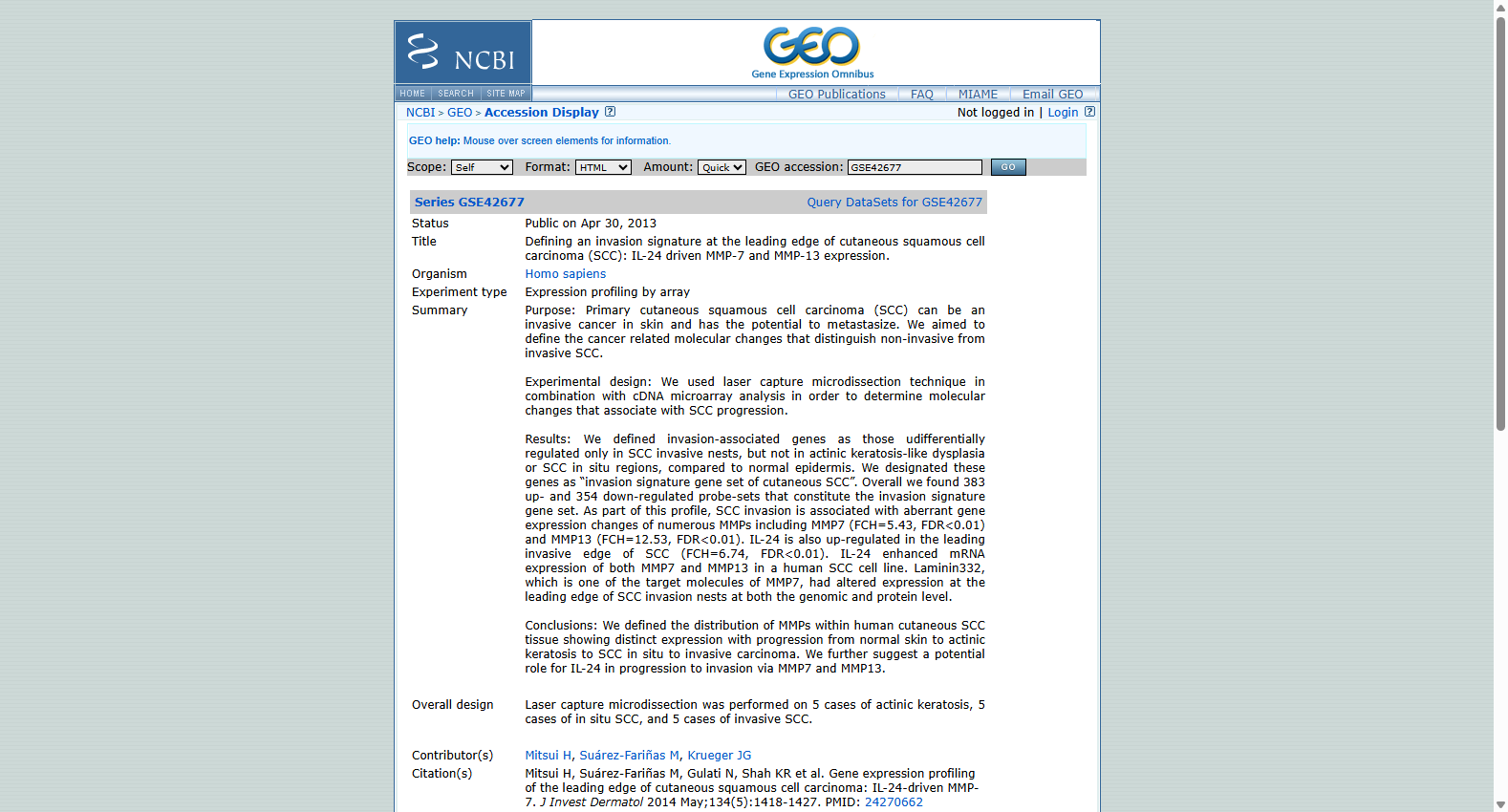 GSE42677 Invasion Signature at the Leading Edge of Cutaneous Squamous Cell Carcinoma