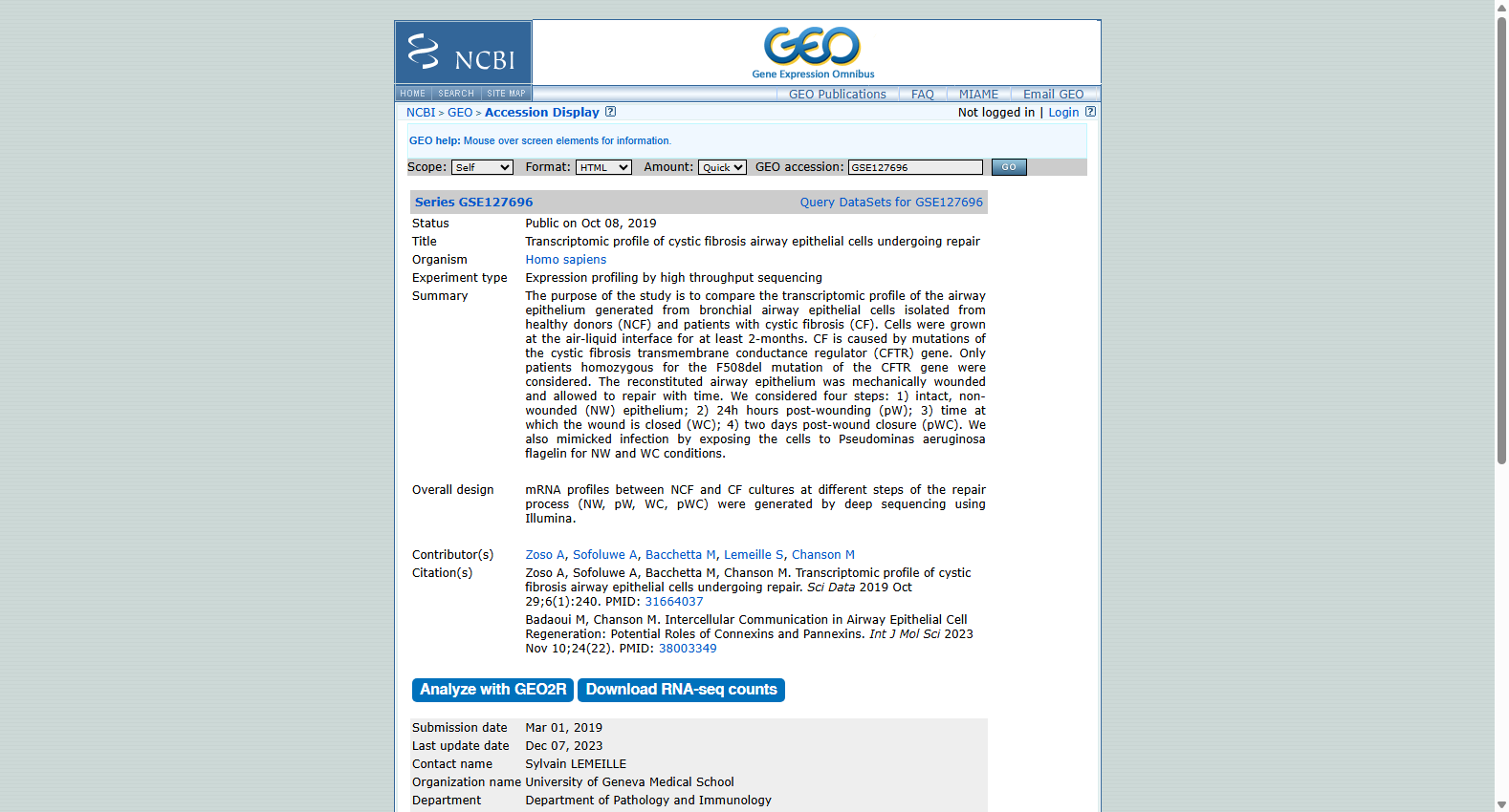 Cystic fibrosis airway epithelial repair transcriptome GSE127696
