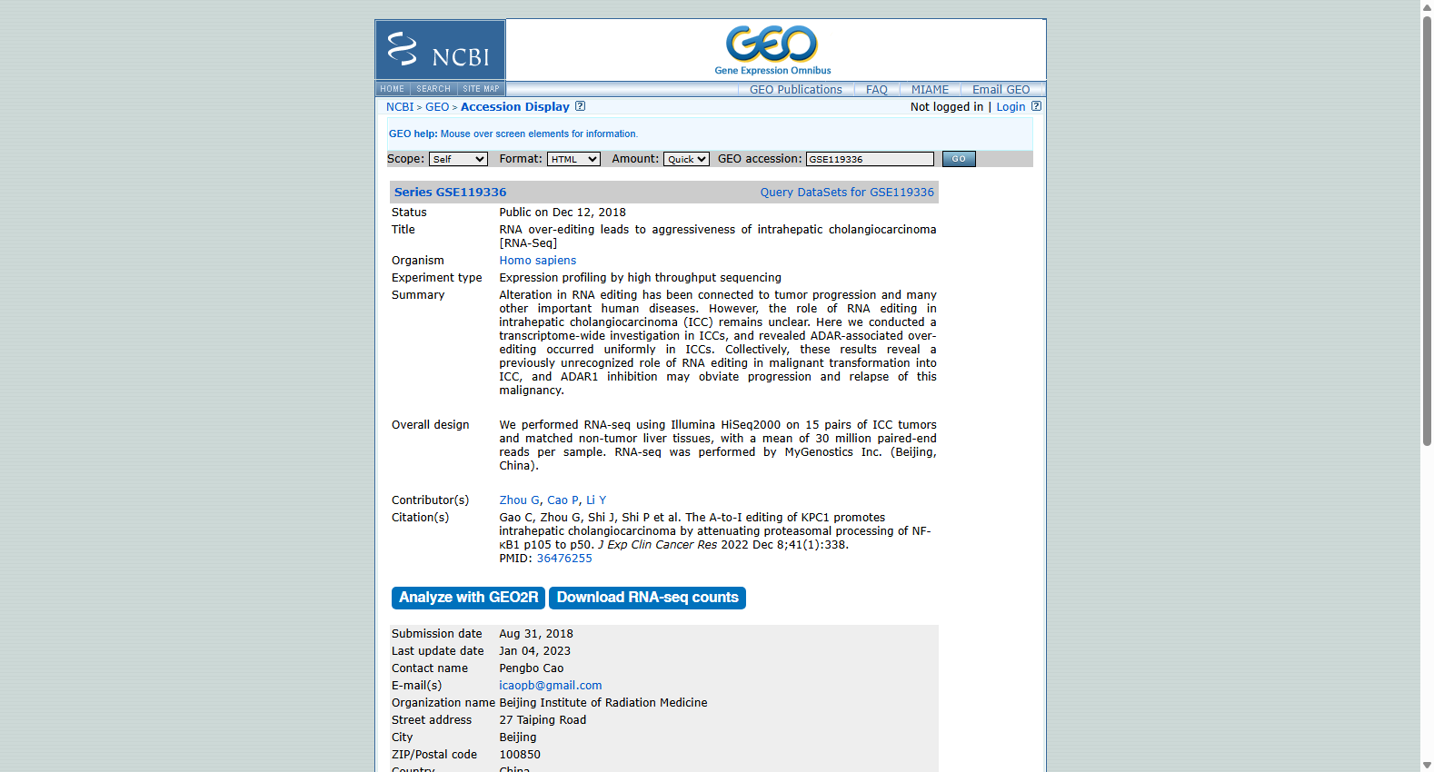 GSE119336 RNA Over-editing in Intrahepatic Cholangiocarcinoma