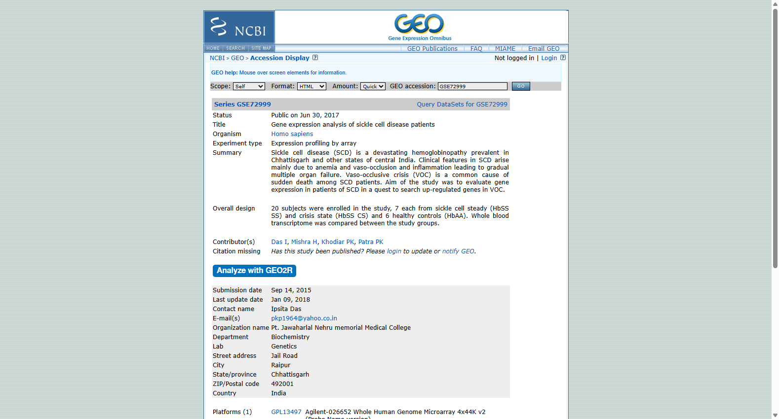 GSE72999 Gene Expression Analysis of Sickle Cell Disease Patients