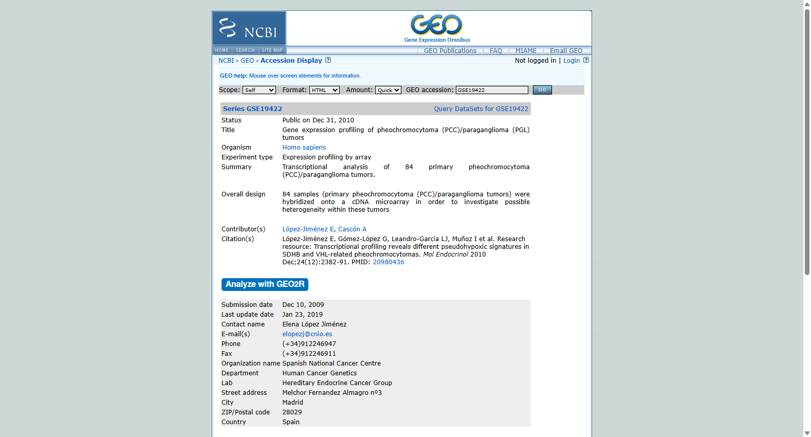 GSE19422 PCC/PGL tumor expression profiling